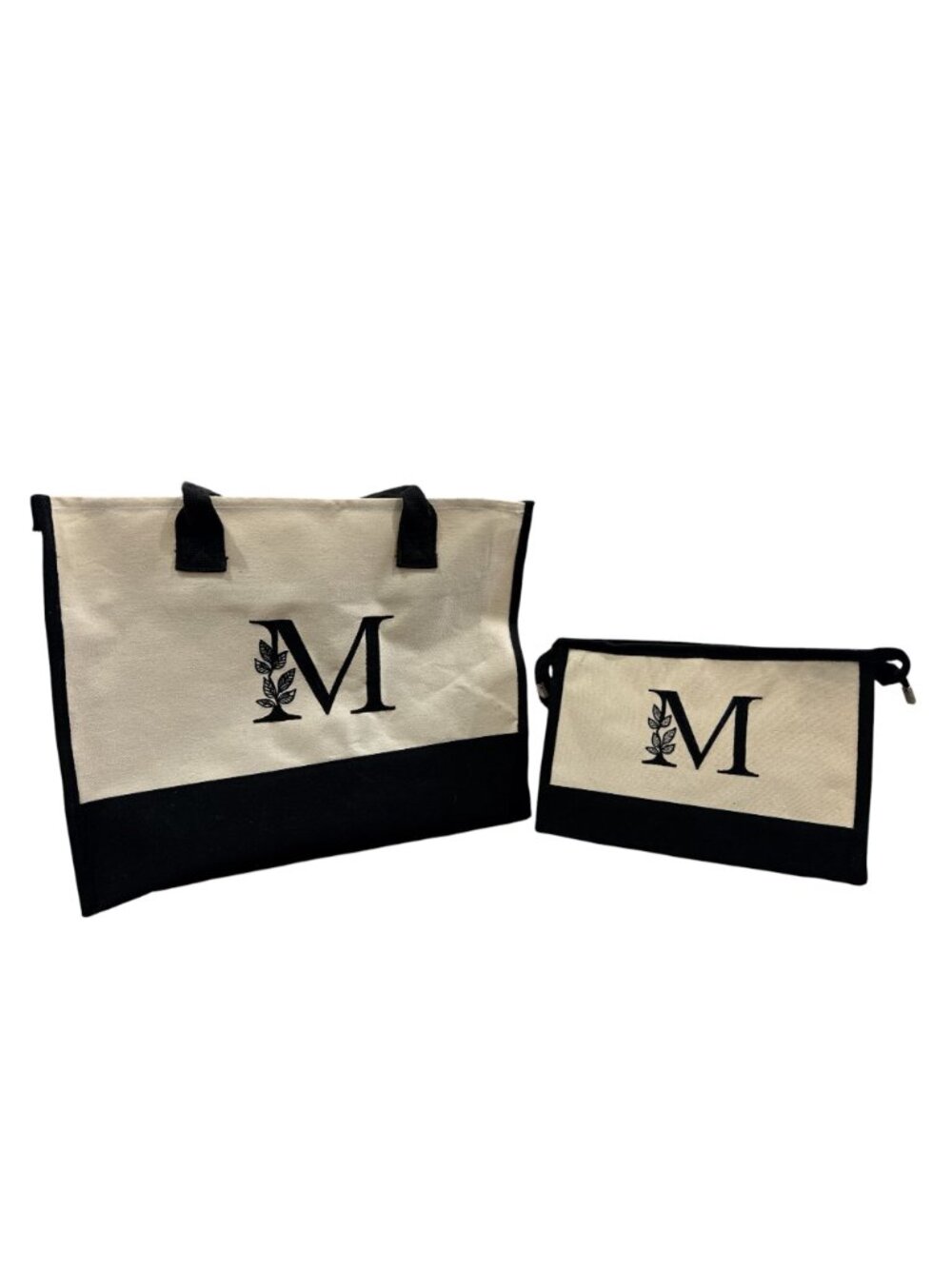 Canvas Tote Bag Set With Monogrammed Pouch Black & Cream Striped Bow Accent Zipp - Picture 8 of 8